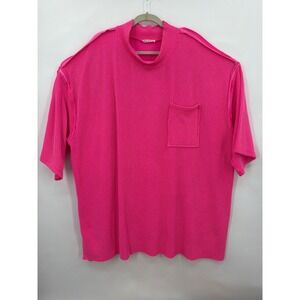 Hot Pink Textured Oversized Mock Neck Top XL Waffle Knit‎ Pocket Beach Coverup
